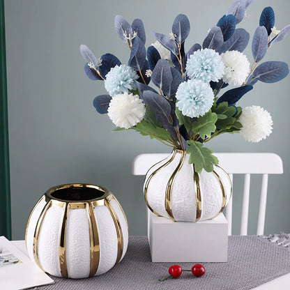 Light Luxury Vase Decoration Ceramic Vase White Gold Painted Ceramic Flower Pot Tabletop Vase for Wedding Dining Room