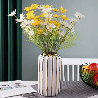 Light Luxury Vase Decoration Ceramic Vase White Gold Painted Ceramic Flower Pot Tabletop Vase for Wedding Dining Room